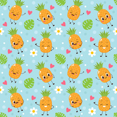 Fototapeta premium Seamless pattern with cartoon happy pineapples