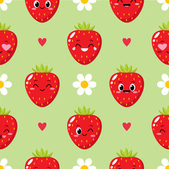 Seamless pattern with cartoon happy strawberry