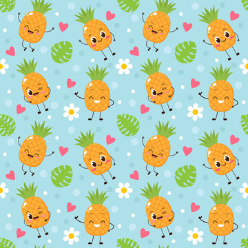 Seamless pattern with cartoon happy pineapples
