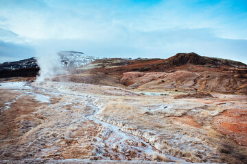 Stokkur fountain-type geyser in Iceland in winter