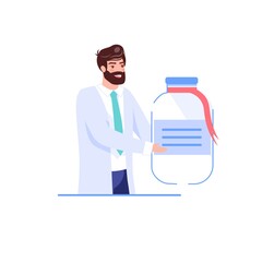 Vector cartoon flat doctor character offers,presents medications drugs.Physician specialist holds prescribed medicine-medical treatment therapy,online telemedicine pharmacy,web site banner ad concept