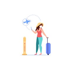 Vector cartoon flat airport traveler character with handle suitcase luggage shows coronavirus prevention,covid protection measures-wearing face mask,social distancing,medical treatment concept