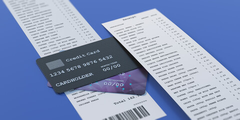 Naklejka premium Credit cards and paper receipt on blue background. 3d illustration