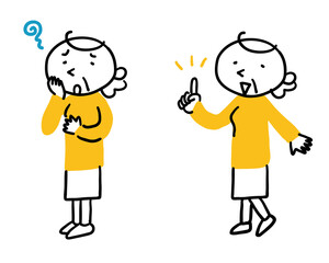 困った顔と笑顔のシニア女性　全身