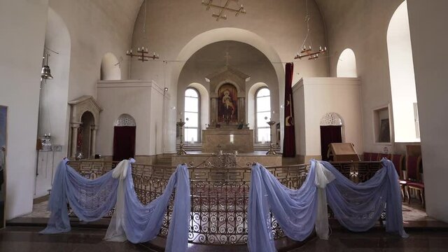 Interior of an Orthodox church. Altar with cross in Christian church