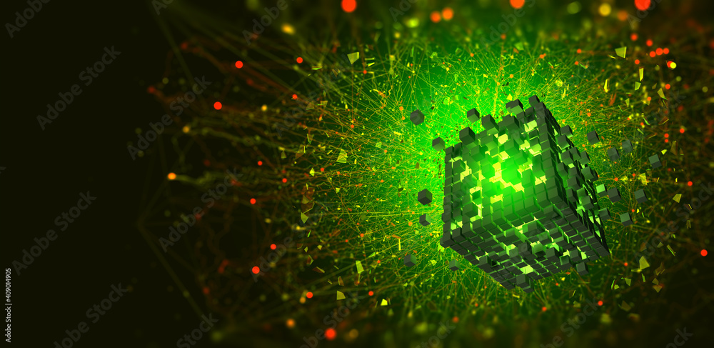 Aufkleber Big Date, Blockchain, hi tech. Information flow, decentralized global database structure. 3D illustration of nanotech cubes in cyberspace