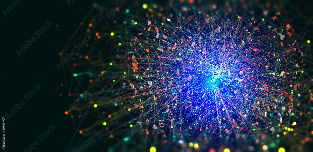 Fototapete Abstract neural network 3D illustration. Big data concept. Global database and artificial intelligence. Bright, colorful background with bokeh effect