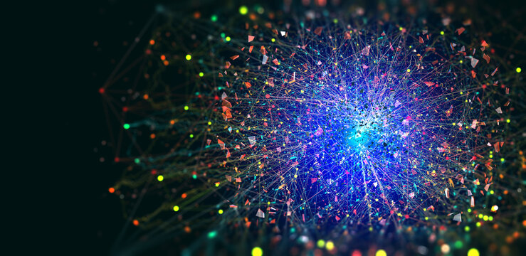 Abstract neural network 3D illustration. Big data concept. Global database and artificial intelligence. Bright, colorful background with bokeh effect