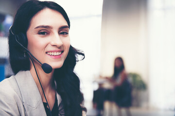 Call center and customer service team support for information operator at work.  People woman...