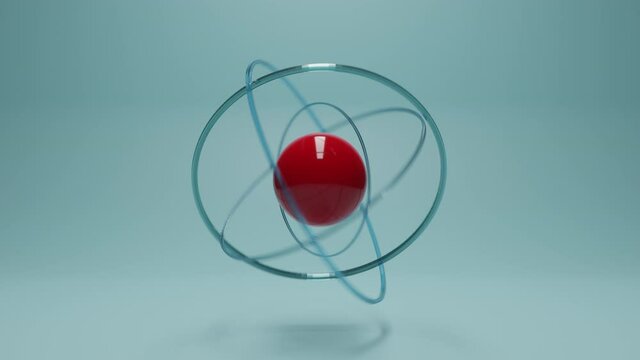 Clean energy concept. Atomic spinner structure with planetary rotation. Seamless loop animation. Usable as presentation element or background in chemical or physical industry. Gyroscope effect