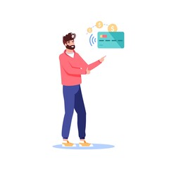 Vector cartoon flat man character presents nfc contactless payment.Happy customer shows way to buy goods,make wireless pay with nfc smart card-modern payment technology,online web ad banner concept