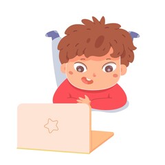 Kid lying on floor watching at laptop. Little boy looking at computer. Child with mobile device vector illustration. Indoor fun activities with electronics
