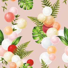 beautiful balloons and tropical plants bright themed wedding decoration pattern 2 pink background