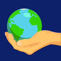Happy Earth Day! Vector eco illustration for social poster, banner or card on the theme of saving the planet.
Hand close the planet from pollution, save the planet, save energy, Earth day concept. Col