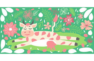 Cute happy cow with golden bell having fun, funny farm animal cartoon character