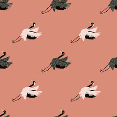 Cute seamless pattern with hand drawn grey and white crane bird ornament. Pink background. Zoo print.