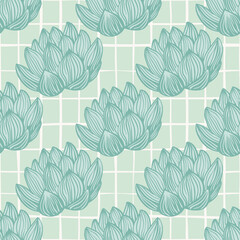 Pastel blue palette seamless pattern with contoured lotus flowers and light chequered background.