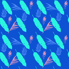 Funky Tropical Vector Seamless Pattern. Doodle Floral Background. Monstera Banana Leaves Feather Dandelion
