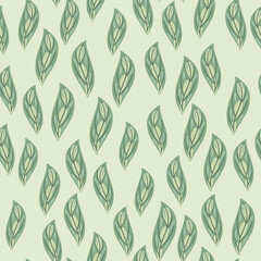 Pastel tones seamless pattern with pale green little random leaf print. Grey background. Nature doodle backdrop.