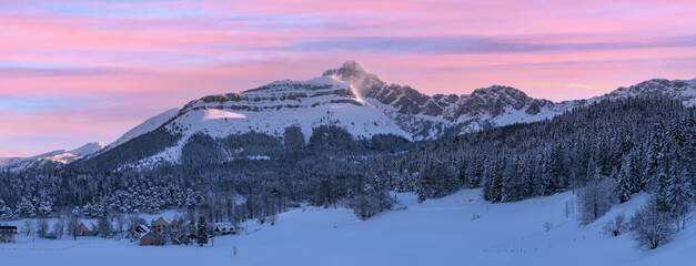 French winter landscapes. Panoramic view of mountain peaks and canyons. Vercors Regional Natural Park. View to Roc Cornafion.