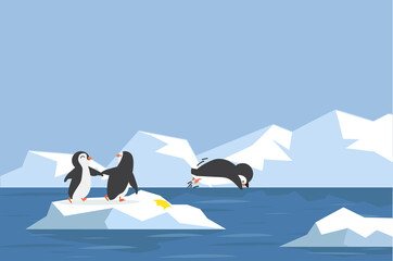 Fototapeta premium North pole Arctic penguin on ice are jumping with ice mountain