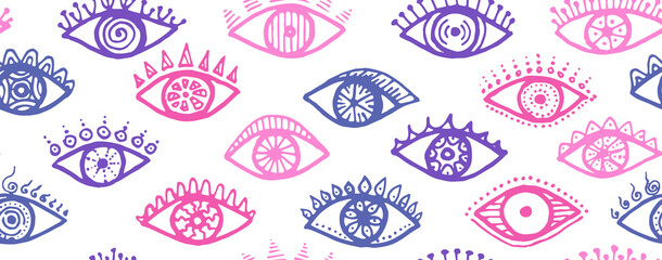 Doodle open eyes psychedelic repeatable pattern.