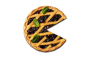 Shortcrust pie with black currant and mint isolated on white background. Top view.