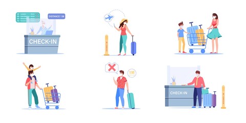 Set of vector cartoon flat airport traveler characters,employees and travelers shows coronavirus prevention,covid protection measures-wearing face mask,social distancing,medical treatment concept