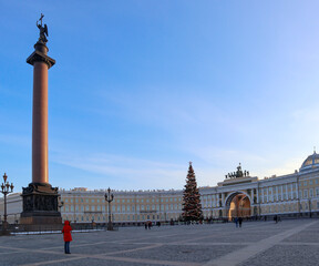 Fototapeta na wymiar St. Petersburg, Russia. Christmas tree in the central square of the city. Winter day image.