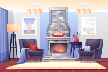 Winter cabin with fireplace interior design background. Vacation at ski resort vector illustration. Modern apartment with armchairs, fire with mantelpiece with candles, posters, carpet