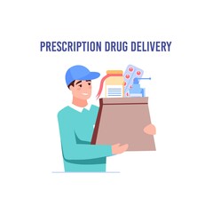 Vector cartoon flat man character carry online order buys.Medical delivery service,courier person delivers order,medicines to customer-online pharmacy store,telemedicine,web banner ad concept