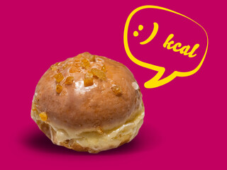 A donut on the occasion of the national holiday in Poland on purple background with calories bubble.
