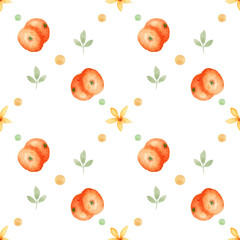 watercolor cute and tender pattern with flowers and tangerine on white background