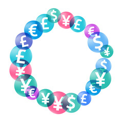Euro dollar pound yen circle signs flying money vector illustration. Investment backdrop. Currency
