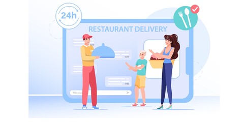 Vector cartoon flat family characters receive online orders buys.Restaurant delivery service-happy customers takes order foods from courier on mobile app screen-online food,web site banner ad concept