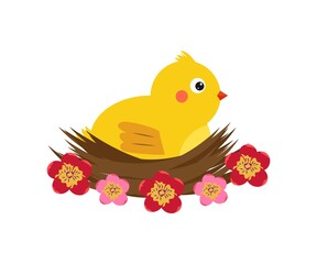 A small yellow chick in a nest decorated with cute flowers. Element for creating postcards, banners in honor of the Easter holiday. Vector illustration isolated on white background.