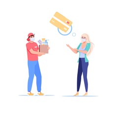 Vector cartoon flat customer character pays to delivery man for the order using NFC card payment method-coronavirus protection prevention measures-wearing face mask,social distancing,medical concept