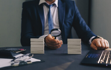 Businessman separates wooden block. Property division. Divorce and legal services.	
