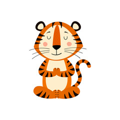 Cute cartoon striped red tiger. Tiger in yoga pose. Printing for children's T-shirts, greeting cards, posters. Hand-drawn vector stock illustration isolated on a white
