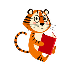 Fototapeta na wymiar Cute cartoon striped red tiger. Tiger with glasses sits and reads a book. Printing for children's T-shirts, greeting cards, posters. Hand-drawn vector stock illustration isolated on a white