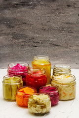 Assorted of fermented vegetables in glass jars