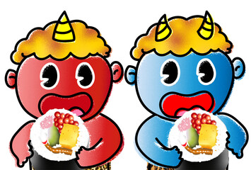 節分　恵方巻を食べる鬼たち　アップ