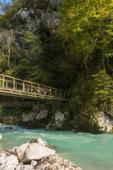 The lower Devil's Bridge crossing the Tolminka River which flows through Tolmin Gorge in the Triglav National Park, north western Slovenia
