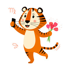 Cute cartoon striped red tiger. Tiger with bouquet of flowers takes selfie on smartphone. Printing for children's T-shirts, greeting cards, posters. Hand-drawn vector stock illustration isolated
