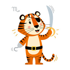 Fototapeta na wymiar Cute cartoon striped red tiger. A tiger in the form of a pirate with a saber. Printing for children's T-shirts, greeting cards, posters. Hand-drawn vector stock illustration isolated on a white