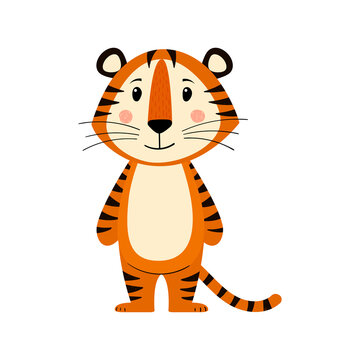 Cute cartoon striped red tiger. Printing for children's T-shirts, greeting cards, posters. Hand-drawn vector stock illustration isolated on a white