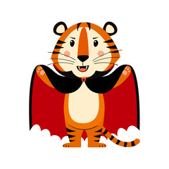 Cute cartoon striped red tiger. Tiger in Halloween costume of Count Dracula vampire. Printing for children's T-shirts, greeting cards, posters. Hand-drawn vector stock illustration isolated on a white