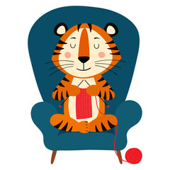 Cute cartoon striped red tiger. Tiger sits in a chair and knits a scarf. Printing for children's T-shirts, greeting cards, posters. Hand-drawn vector stock illustration isolated on a white