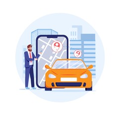 Vector cartoon flat character,car,gps tracking online app map navigator on smartphone screen with track navigation pins-web site,mobile application design,social media concept