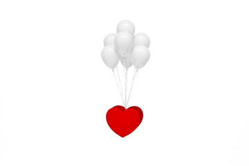 Outstanding metallic glossy red heart with white balloons floating on white background 3d rendering. 3d illustration true love and Valentines Day greeting card minimal concept.